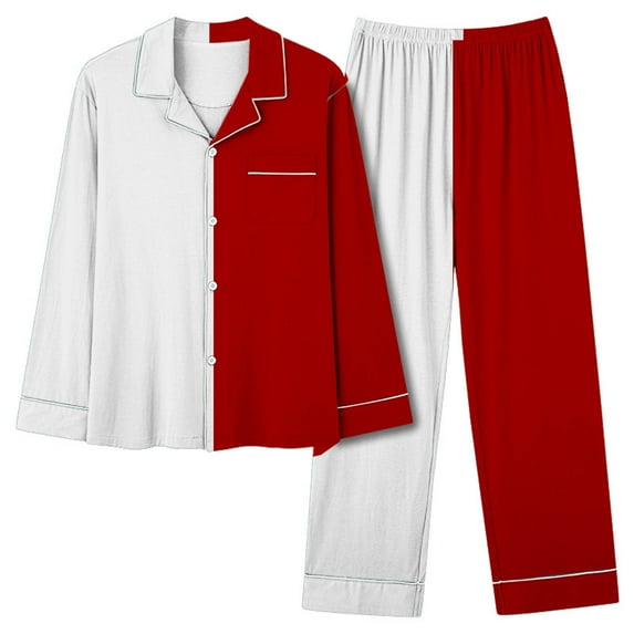 UAMVSH Women Color Block 2 Piece Pajama Sets Classic Button down Notch Collar Shirts Matching Wide Leg Pants Long Sleeve Pockets Outfits(X-LargeRed)