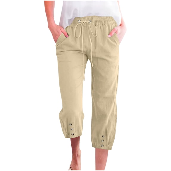 UAMVSH Women Cotton Linen Capris for Summer Lightweight Cinch Bottom Beach Capri Pants with Button Casual Drawstring Pockets Cropped Pants
