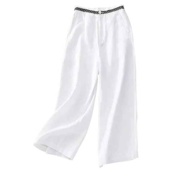 UAMVSH Women Cotton Linen Palazzo Pants Casual Wide Leg Beach Pants Basic Drawstring Elastic Waist Pants Vacation Outfits(Medium,White)