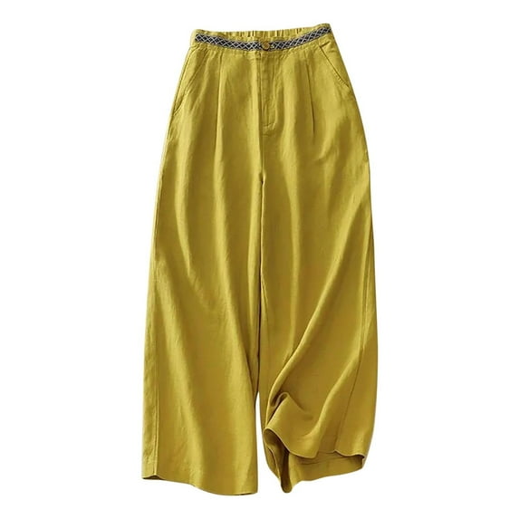 UAMVSH Women Cotton Linen Palazzo Pants Casual Wide Leg Beach Pants Basic Drawstring Elastic Waist Pants Vacation Outfits(X-Large,Yellow)