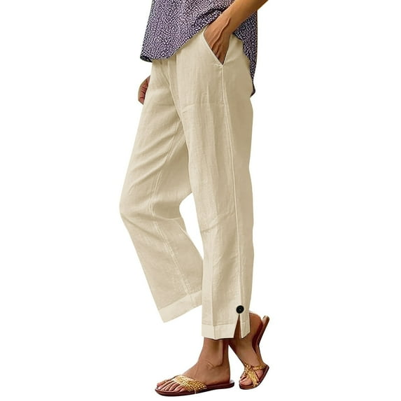 UAMVSH Women Cotton Linen Pants for Summer Beach Vacation Lightweight Fall Plain Pockets Pants Trendy Side Slit Button Pants(3X-Large,Beige)