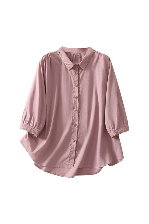 Women Cotton Linen Shirts Elegant Embroidered Button down Tops Lightweight Collared 3/4 Sleeve Trendy Ladies Blouses(Medium,Purple)