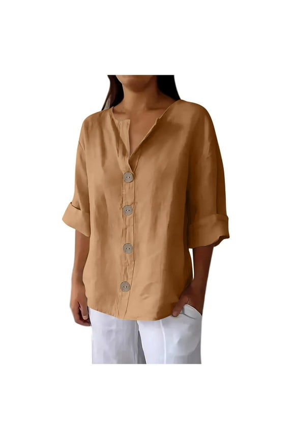 Women Cotton Linen Shirts Lightweight Casual Long Sleeve Tops Loose Fit Button down Summer Fall Vacation Tee Blouses(Medium,Brown)