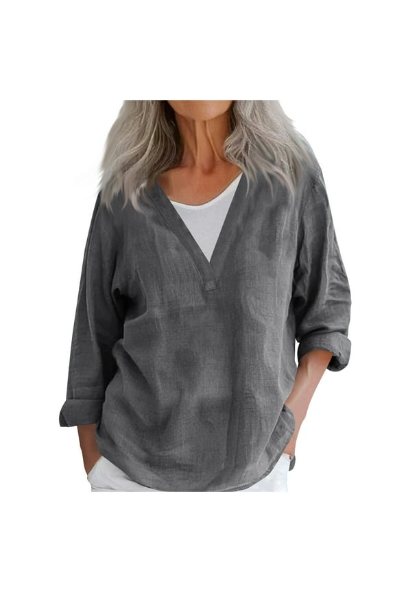 Women Cotton Linen Shirts Lightweight Summer V-Neck Long Sleeve Tops Casual Soft Solid Color Fall Pullover Blouses(Medium,Dark Gray)