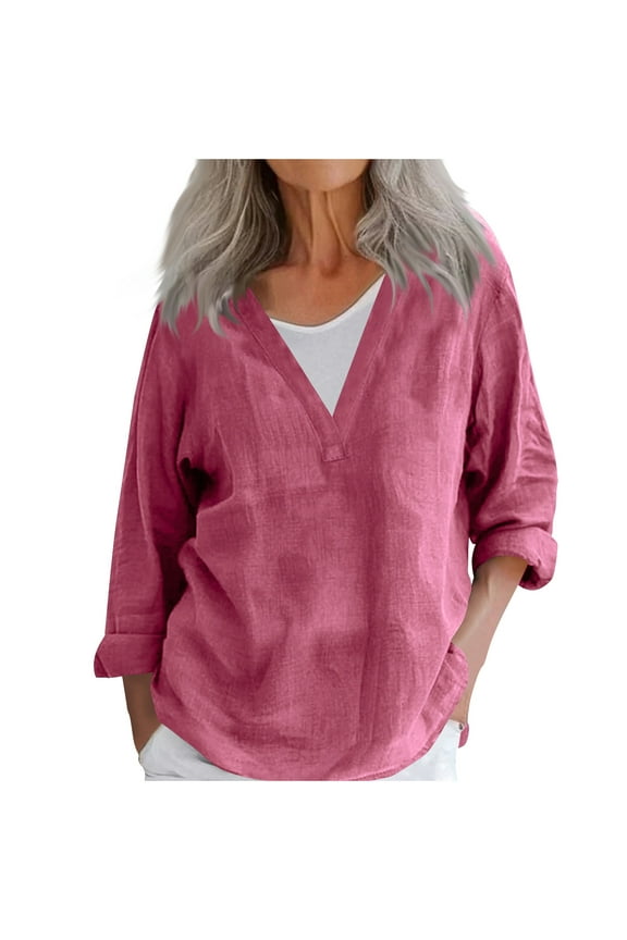 Women Cotton Linen Shirts Lightweight Summer V-Neck Long Sleeve Tops Casual Soft Solid Color Fall Pullover Blouses(Medium,Hot Pink)
