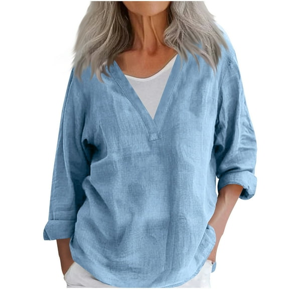 UAMVSH Women Cotton Linen Shirts Lightweight Summer V-Neck Long Sleeve Tops Casual Soft Solid Color Fall Pullover Blouses(Medium,Light Blue)