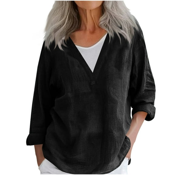 UAMVSH Women Cotton Linen Shirts Lightweight Summer V-Neck Long Sleeve Tops Casual Soft Solid Color Fall Pullover Blouses(Small,Black)