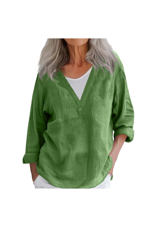Women Cotton Linen Shirts Lightweight Summer V-Neck Long Sleeve Tops Casual Soft Solid Color Fall Pullover Blouses(XX-Large,Green)