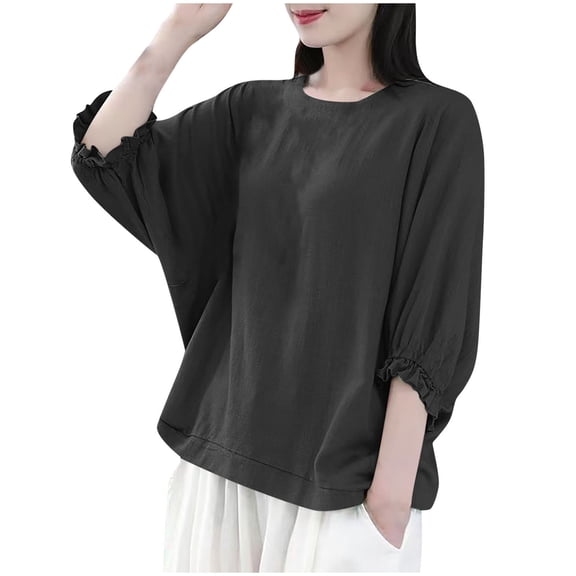 UAMVSH Women Cotton Linen Shirts Loose Plus Size 3/4 Sleeve Dressy Pullover Tops Boho Solid Color Casual Vacation Flowy Tee Blouses(Medium,Black)