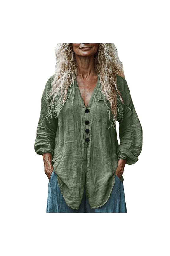 Women Cotton Linen Shirts Soft Summer Button down Tops Casual Long Sleeve V-Neck Fall Vacation Blouses with Pockets(Medium,Army Green)