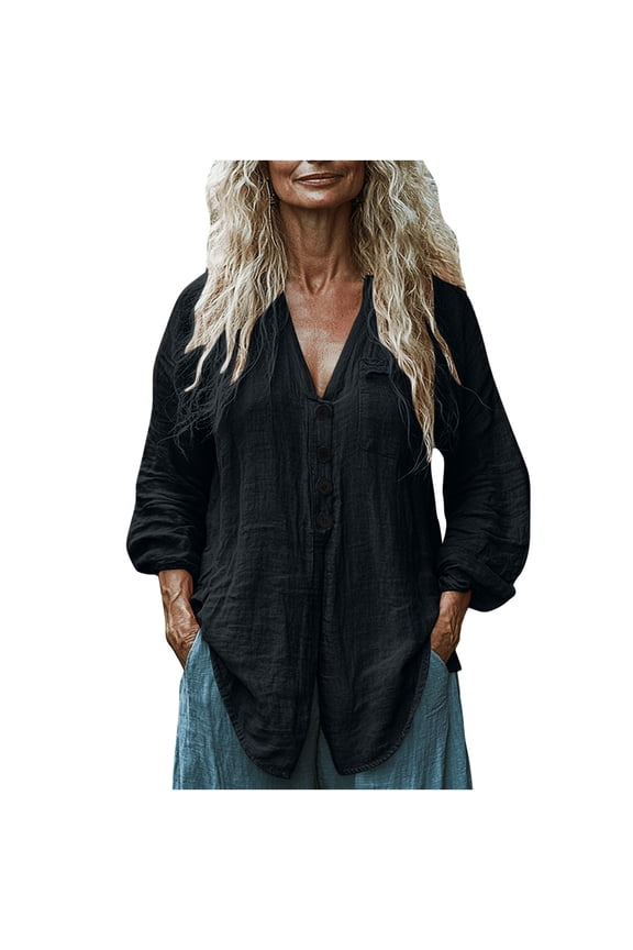 Women Cotton Linen Shirts Soft Summer Button down Tops Casual Long Sleeve V-Neck Fall Vacation Blouses with Pockets(Medium,Black)