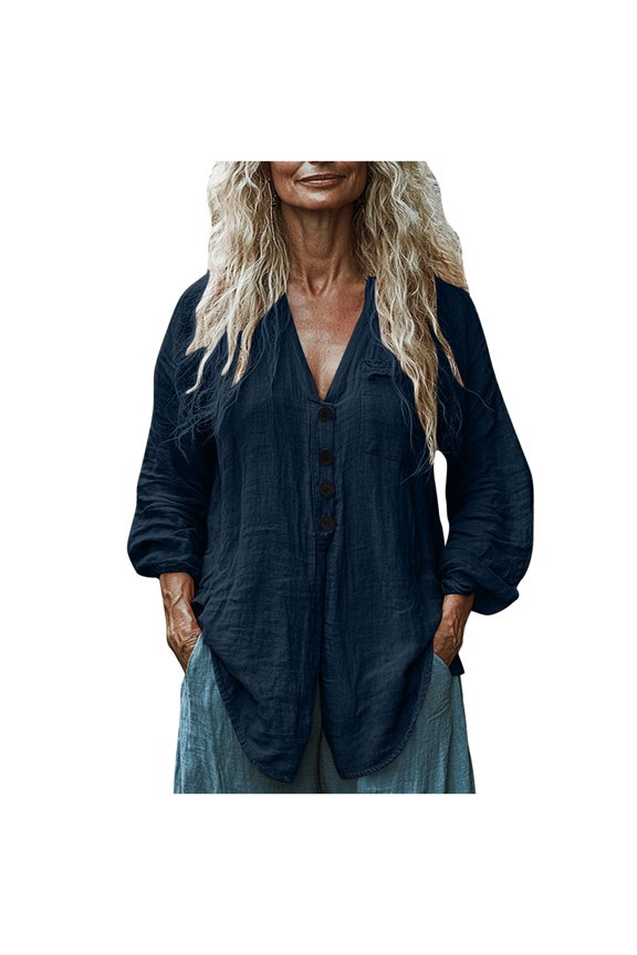 Women Cotton Linen Shirts Soft Summer Button down Tops Casual Long Sleeve V-Neck Fall Vacation Blouses with Pockets(Small,Navy)