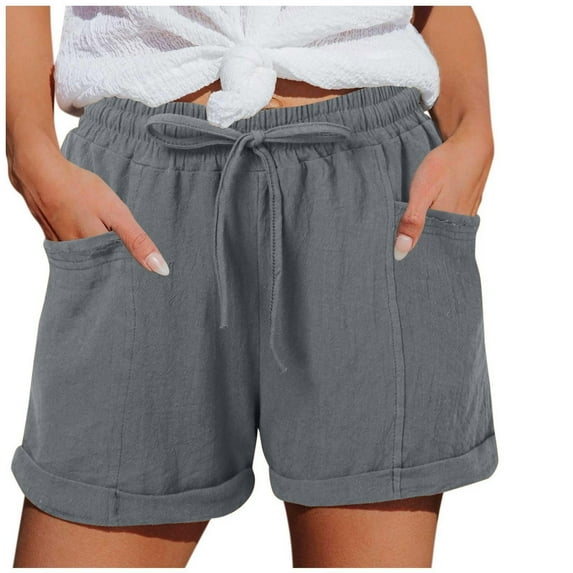 UAMVSH Women Cotton Linen Shorts Trendy Ladies Summer Cuffed Hem Shorts Casual Elastic Waist Drawstring Shorts with Pockets