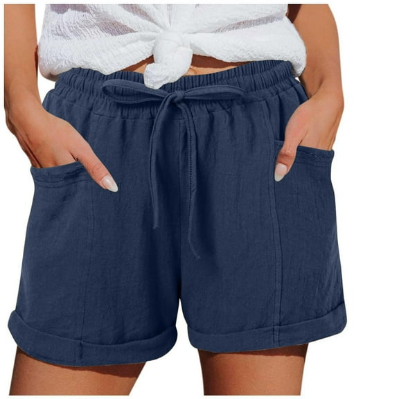 UAMVSH Women Cotton Linen Shorts Trendy Ladies Summer Cuffed Hem Shorts Casual Elastic Waist Drawstring Shorts with Pockets