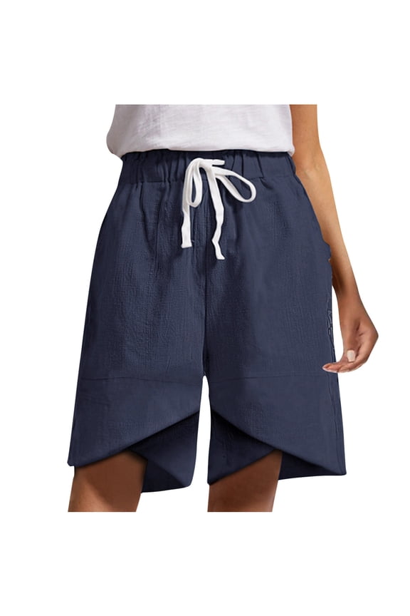 Women Cotton Linen Shorts Trendy Solid Color tulip Hem Shorts Stretch Drawstring Casual Shorts for Summer Beach Vcation