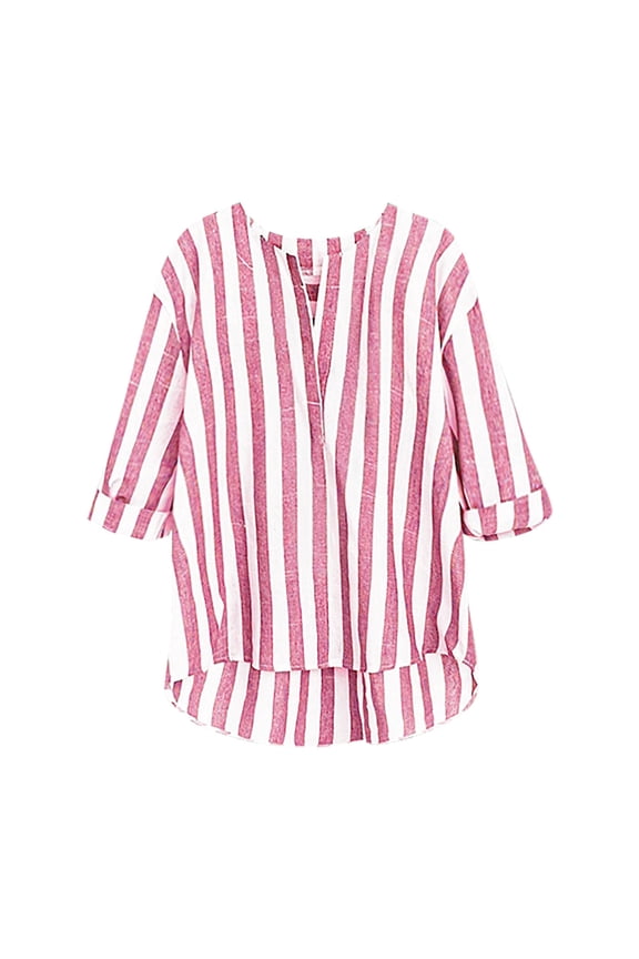 Women Cotton Linen Tops Casual Stripe Printed Vacation Flowy Shirts Lightweight Loose Fit 3/4 Length Sleeve V-Neck Tees(Medium,Pink)