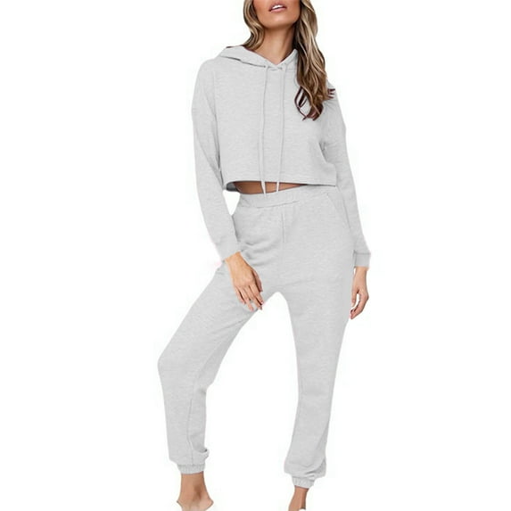 UAMVSH Women Cropped Sweatsuit Sets Long Sleeve Hoodie Sweatshirts and Straight Leg Pants Outfits with Pockets Basic Tracksuits(MediumGray)