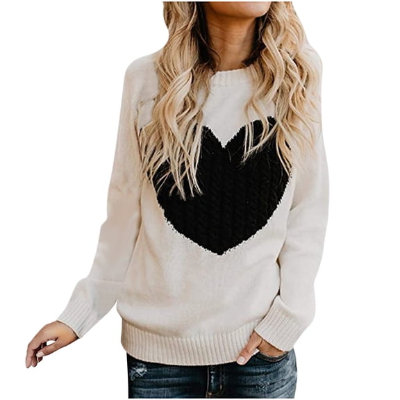 UAMVSH Women Cute Heart Graphic Sweaters Classic Long Sleeve Crew Neck Pullover Tops for Valentine's Day Ladies Fashion Clothes(Large,White)