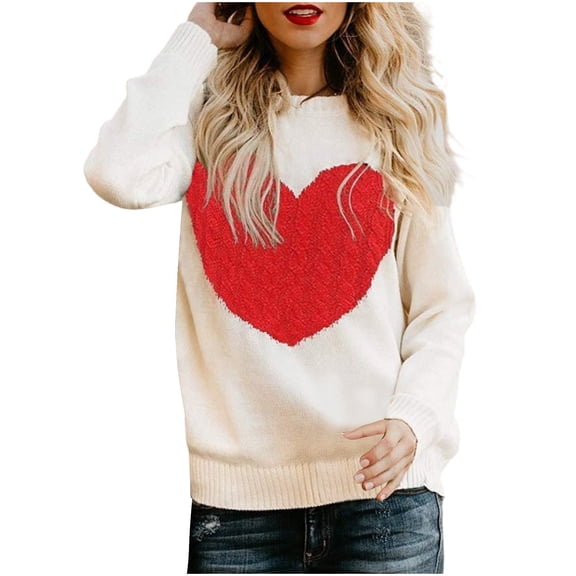 UAMVSH Women Cute Heart Graphic Sweaters Classic Long Sleeve Crew Neck Pullover Tops for Valentine's Day Ladies Fashion Clothes(Small,Beige)