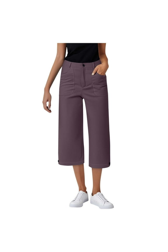 Women Dress Capri Pants Wide Leg Casual Business Capris with Pockets Stretchy Office Work Lounge Cropped Pants