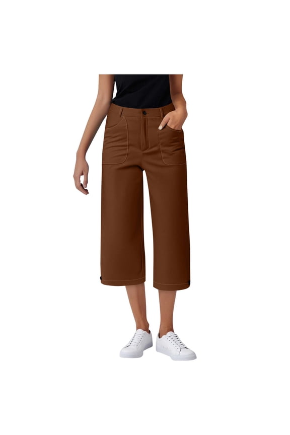 Women Dress Capri Pants Wide Leg Casual Business Capris with Pockets Stretchy Office Work Lounge Cropped Pants