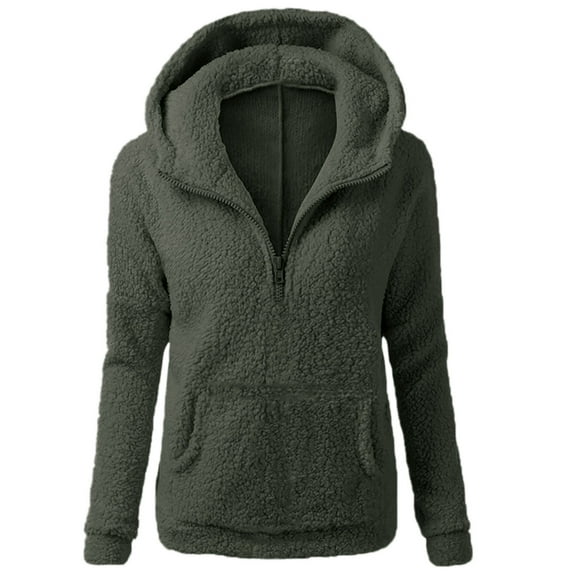 UAMVSH Women Fuzzy Fleece Hooded Sweatshirts Warm Long Sleeve Basic Hoodie with Pockets Loose Fit Half Zipper Plush Pullover for Winter(Medium,Army Green)