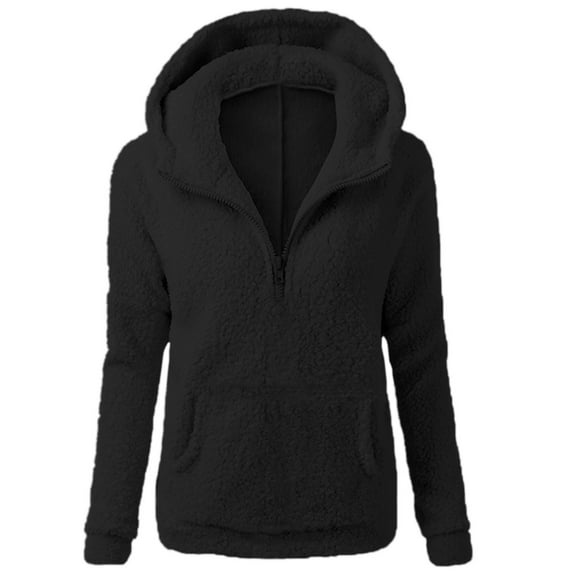 UAMVSH Women Fuzzy Fleece Hooded Sweatshirts Warm Long Sleeve Basic Hoodie with Pockets Loose Fit Half Zipper Plush Pullover for Winter(Small,Black)