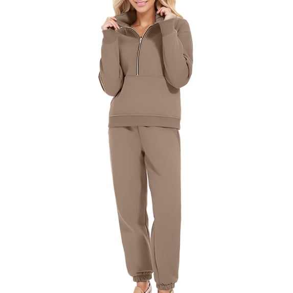 UAMVSH Women Half Zip up Sweatsuits Outfits Loose Fits Long Sleeve Sweatshirts and Jogger Sweatpants 2 Piece Tracksuit Sets with Pockets(SmallKhaki 1)