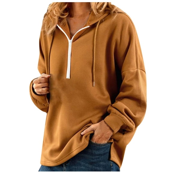 UAMVSH Women Half Zipper Hoodie Casual Solid Color Long Sleeve Hooded Pullover Loose Fit Side Slit Drop Shoulder Sweatshirts(Medium,Khaki)