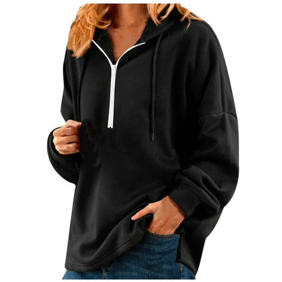 UAMVSH Women Half Zipper Hoodie Casual Solid Color Long Sleeve Hooded Pullover Loose Fit Side Slit Drop Shoulder Sweatshirts(X-Large,Black)