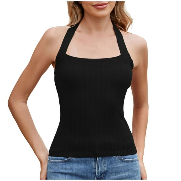 UAMVSH Women Halter Neck Sweaters Soft Sleeveless Wide Strap Going out Knitted Cami Shirts Comfy Slim Fit Yoga Workout Tank Tops(Small,Black)