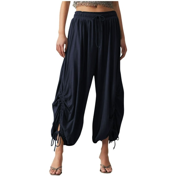 UAMVSH Women Harem Pants Palazzo Baggy Wide Leg Bloomer Pants Loose Fit Elastic Waist Drawstring Lounge Pants with Pockets
