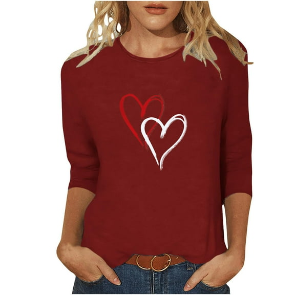 UAMVSH Women Heart Printed Shirts Plus Size Long Sleeve Pullover Tops Cute Graphic Trendy Blouses Ladies Valentine's Day Outfits(Large,Wine 1)