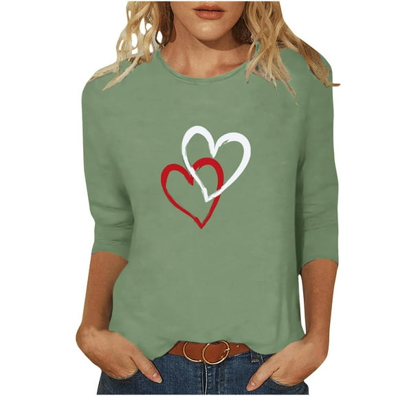 UAMVSH Women Heart Printed Shirts Plus Size Long Sleeve Pullover Tops Cute Graphic Trendy Blouses Ladies Valentine's Day Outfits(X-Large,Green)