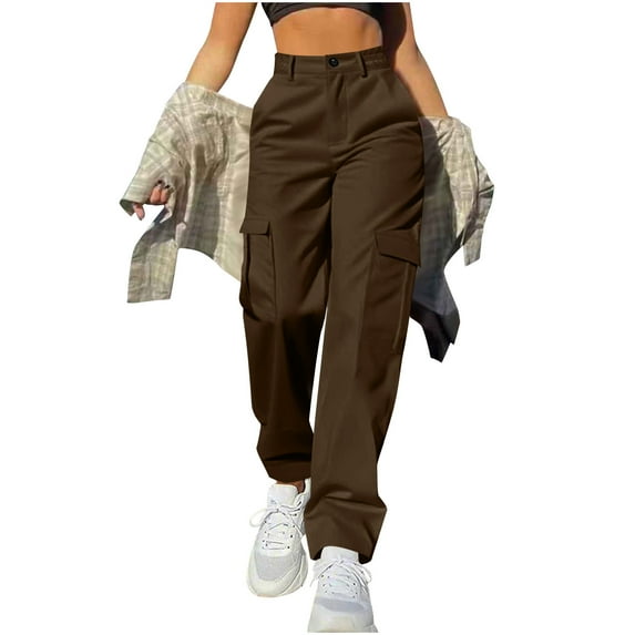 UAMVSH Women High Waist Cargo Pants Plus Size Streetwear Casual Work Dress Trousers with Pockets Soft Outdoor Wide Leg Athletic Pants(5X-Large,Brown)
