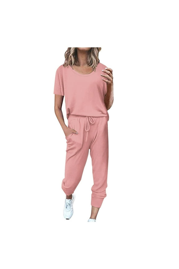Women Jogging Suits 2 Piece Casual Athletic Sets Basic Short Sleeve Crew Neck Top Outfits and Long Pants Sets with Pockets(Large,Pink)