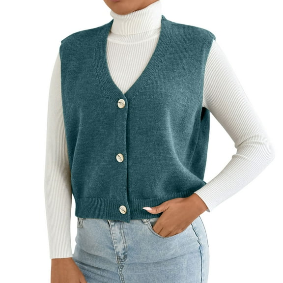 UAMVSH Women Knit V-Neck Cropped Sweater Vest Lightweight Fall Sleeveless Button down Casual Cardigan Baggy Work Daily Jackets(Medium,Blue)