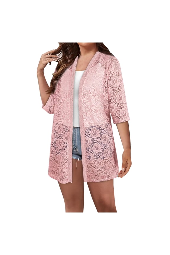 Women Lace Cardigans Open Front Long Dressy Tops Lightweight 3/4 Sleeve Hollow out Dusters Plain Beach Vacation Outfits(X-Large,Pink 1)