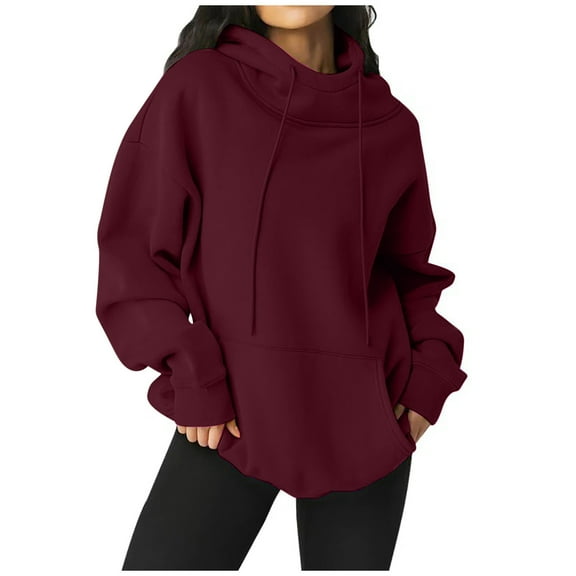 UAMVSH Women Long Sleeve Hoodie Classic Solid Color Oversized Hooded Sweatshirts with Pockets Soft Loose Fit Drawstring Pullover(Medium,Wine)
