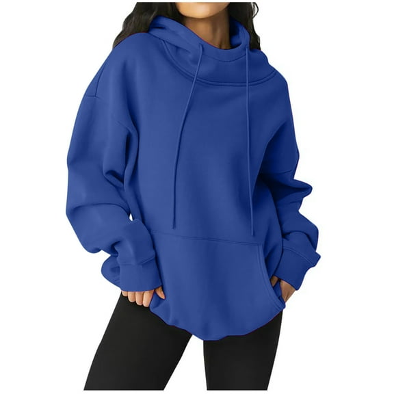 UAMVSH Women Long Sleeve Hoodie Classic Solid Color Oversized Hooded Sweatshirts with Pockets Soft Loose Fit Drawstring Pullover(X-Large,Blue)
