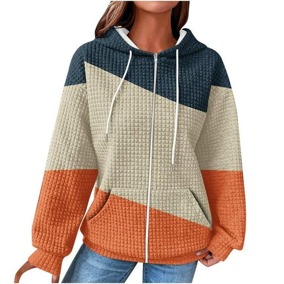 UAMVSH Women Long Sleeve Hoodie with Pockets Fashionable Color Block Hooded Coat Soft Full Zipper Drawstring Sweatshirt Jackets(X-Large,Orange)