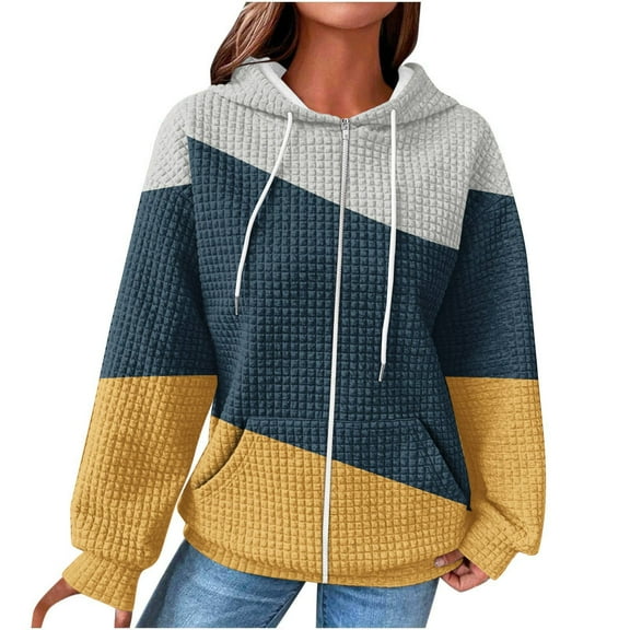 UAMVSH Women Long Sleeve Hoodie with Pockets Fashionable Color Block Hooded Coat Soft Full Zipper Drawstring Sweatshirt Jackets(X-Large,Yellow)