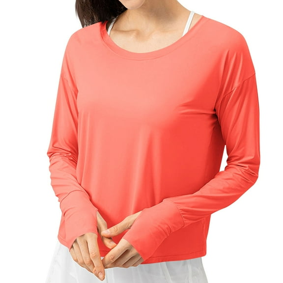 UAMVSH Women Long Sleeve Shirts UPF 50  Sun Protection Pullover Blouses Soft Summer Fall Running Athletic Tops with Thumb Hole(Large,Orange 1)