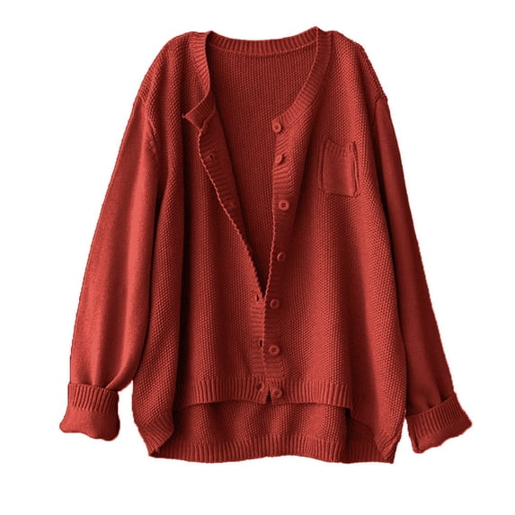 UAMVSH Women Oversized Loose Fit Long Sleeve Sweaters Fashion Button down Casual Sweaters Cardigan Knitted Fall Tops with Pockets(X-Large,Red)