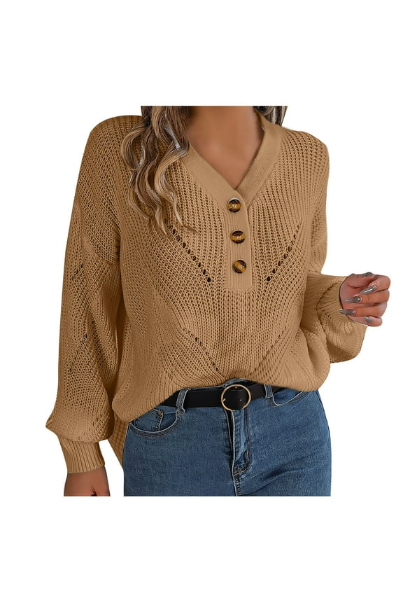 Women Oversized Sweaters Loose Fit Long Sleeve V-Neck Casual Knitwear Trendy Hollow out Lightweight Fall Dressy Pullover Tops with Button(Large,Khaki)
