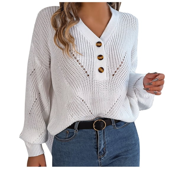 UAMVSH Women Oversized Sweaters Loose Fit Long Sleeve V-Neck Casual Knitwear Trendy Hollow out Lightweight Fall Dressy Pullover Tops with Button(Large,White)