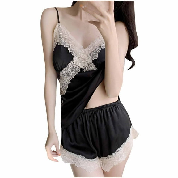 UAMVSH Women Pajama Set Lace Trim Short Pj Set V Neck Sleeveless Sleepwear with Shorts Nightwear
