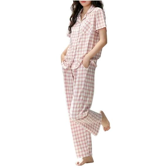 UAMVSH Women Pajama Sets 2 Piece Nightwear Plaid Button Down Shirts with Long Pants Pj Set Soft Cotton Short Sleeve Sleepwear