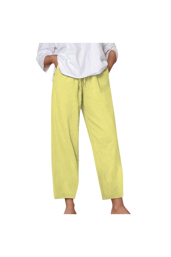 Women Plus Size Cotton Linen Pants Soft Straight Leg Summer Fall Pants Lightweight Daily Casual Drawstring Pants with Pockets(Medium,Yellow)