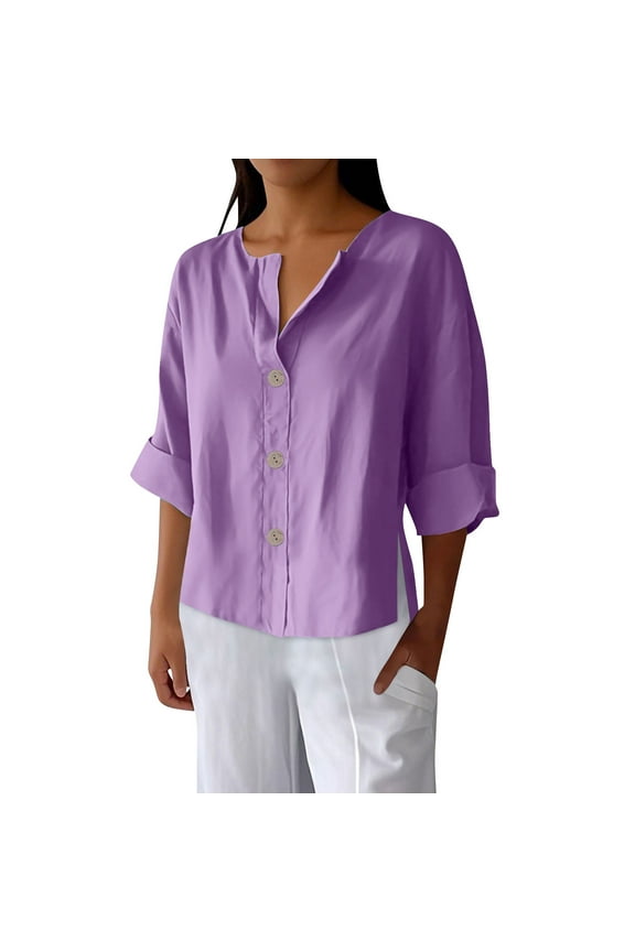 Women Plus Size Cotton Linen Shirts Baggy Casual 3/4 Sleeve V-Neck Blouses Trendy Side Slit Vacation Work Dressy Tops(X-Large,Purple 1)